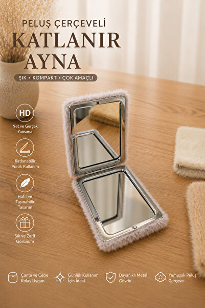safestore Peluş Çerçeveli Büyüteçli Katlanır Cep Aynası - Kompakt ve Şık Tasarım