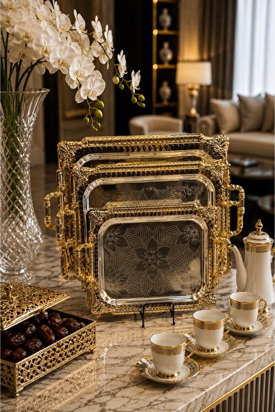 Generic Royal Floral Patterned Rectangular Tray Set with Embossed Gold Border...