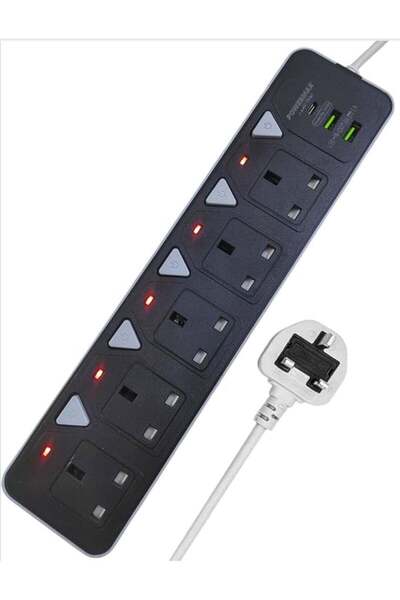 Generic شريط طاقة بطول 3 أمتار مع 5 مقابس كهربائية و2 منفذ USB، ومنفذ Type C ...
