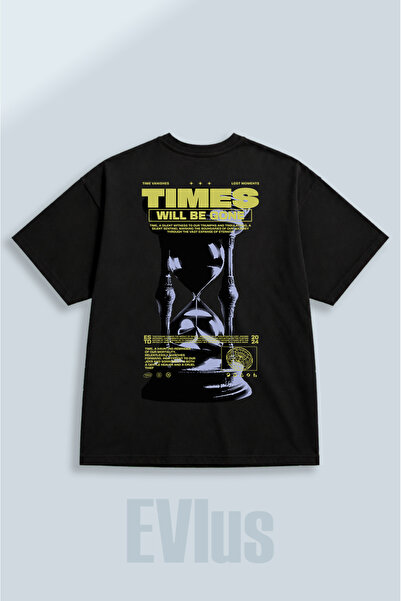 EVIus Tricou negru oversize, cu imprimeu Times, 100% bumbac, cu decolteu rotu...