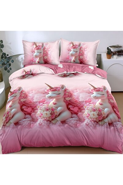 decorami Lenjerie pat dublu cu Elastic, bumbac satinat, Roz, unicorni