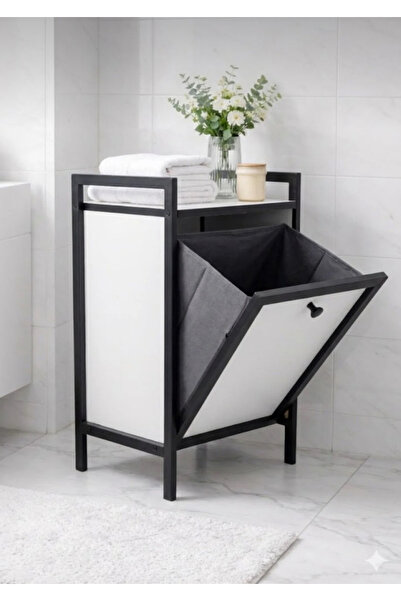 Kiba Home Kirli Çamaşır Sepetli Metal Ahşap Banyo Düzenleyici