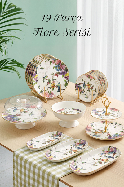 GÖNÜL 19-Piece Flore Tea and Cake Presentation Set for 6 People, Cake Plate, ...