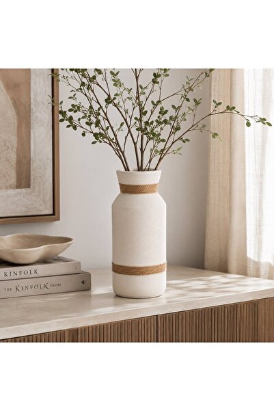 N.zone Modern Cylinder Ceramic Flower Vase with Natural Jute Rope Design for ...