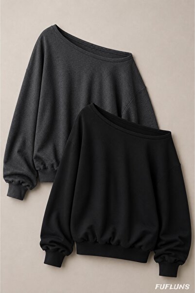FUFLUNS Printless 2-Pack Black Anthracite Color Oversize Women's Boat Neck Sw...