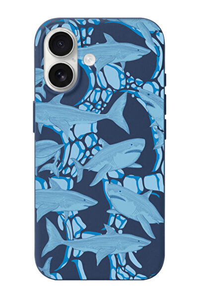 shoptocase Iphone 16 Uyumlu Köpekbalığı Desenli Lacivert Silikon Telefon Kılıfı