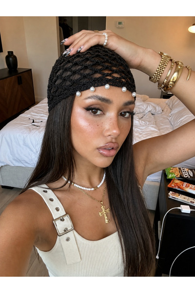 RAİR BEAUTY El Yapımı Kadın Örgü Bohem File Yazlık Bere İncı Detaylı Siyah Re...