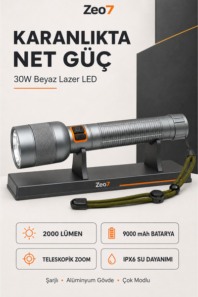Zeo7 30W 2000 Lümen Beyaz Lazer LED Şarjlı Taktik El Feneri, 9000 mAh, Zoomlu...