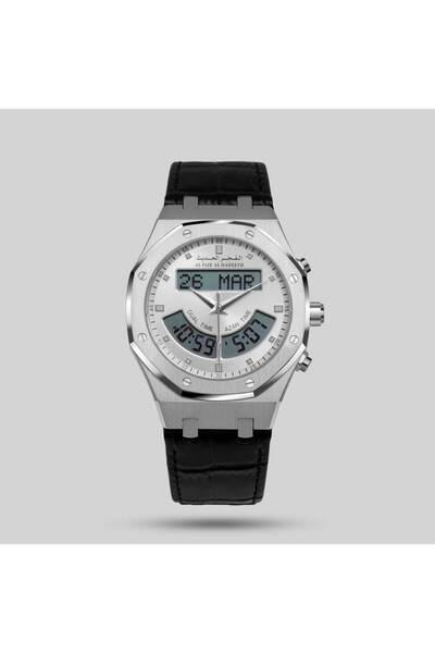 alfajr alhadeeth Al-Fajr Modern Watch with Two Time Zones, Silver Leather, Mo...