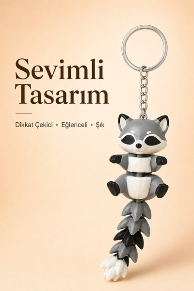 LINDES Keychain with Movable Raccoon Figure – Articulated Gray Bag Ornament and Accessory