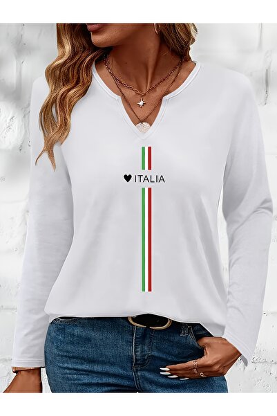 mercoledi Italia Printed Cotton Half V-Neck Long Sleeve Blouse