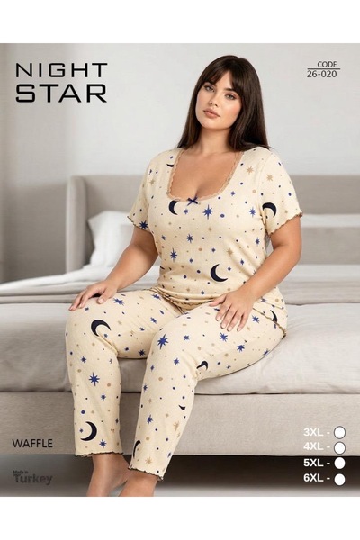 Night Star İkon Dantelli Ay Yıldız Desenli Waffle Büyük Beden Pijama Takımı
