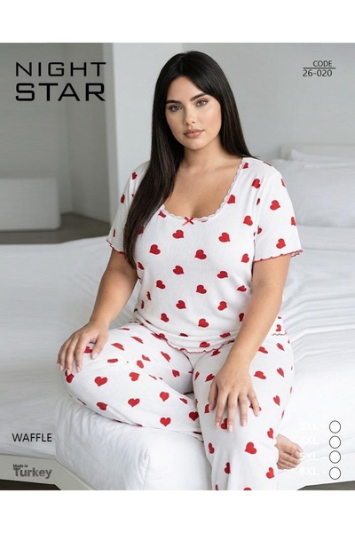 Night Star İkon Lace Heart Patterned Ribbon Waffle Plus Size Pajama Set