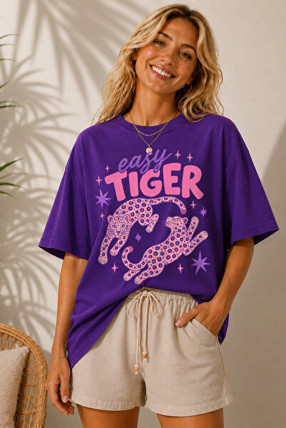 ArtYus Easy Tiger Printed Crew Neck Casual Unisex Oversize T-Shirt - Leopard ...