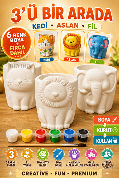 devhome 3'lü Boyanabilir Kalemlik Boyama Seti - Kedi, Aslan ve Fil Figürlü El...