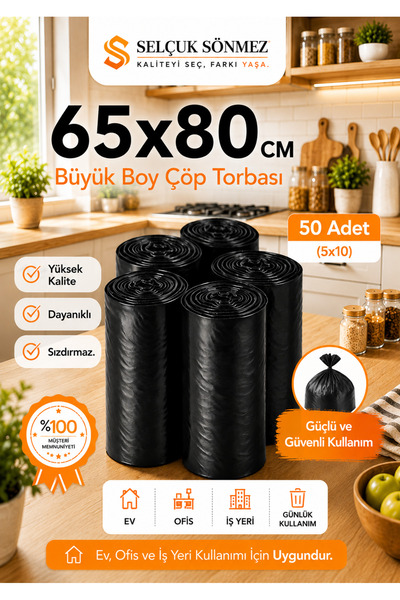 BÜYÜK BOY ÇÖP POŞETİ 65x80 CM SİYAH 50 ADET (5x10) DAYANIKLI SIZDIRMAZ