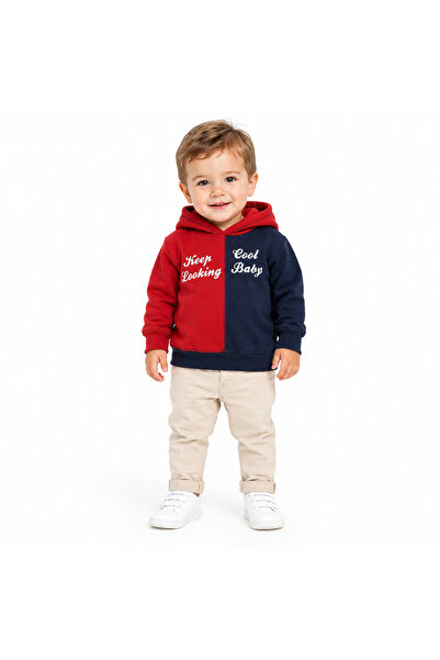 Generic Brand هودي أولادي مقسوم أحمر وكحلي بكتابة Keep Looking Cool Baby
