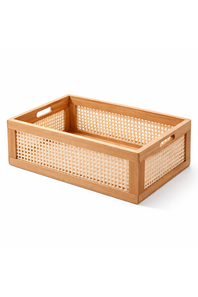 Generic Terreamour Handwoven Rattan Storage Basket with Handles – Natural Cane Organizer Bin for Shelf, Cabinet & Home Décor (35 x 25 x 16 cm)