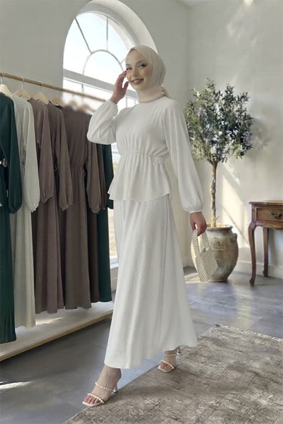 Bürümcük Kumaş Bel Büzgülü Peplum Üst ve Maksi Etekli Şık ve Rahat Tesettür İkili Takım