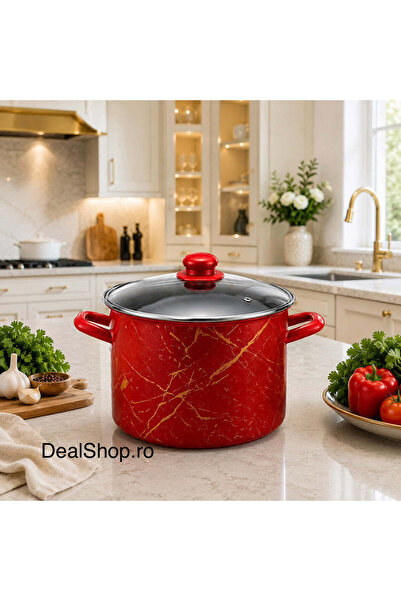 dealshopromania Enamelled pot 6.3 L with glass lid model Red Marble 22 cm, re...