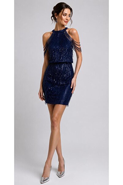elissaa HALTER YAKA SAÇAKLI BONCUKLU MİNİ ABİYE ELBİSE