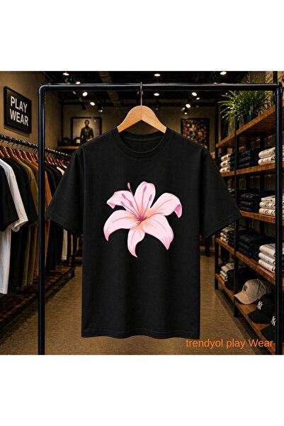 playwear Тениска с щампа на цветя хибискус, 100% памук, овърсайз, свободна кр...