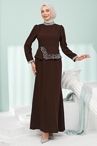 İmajButik Kahverengi Taş Detaylı Peplum Tasarım Abiye
