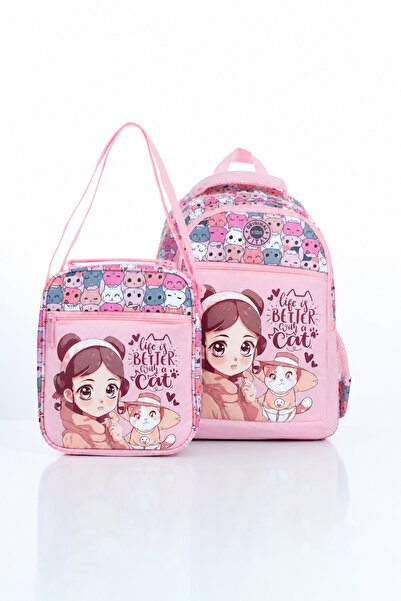 Superbag Pembe Kız Çocuk Kedi Desenli Beslenme ve Okul Çantası Seti