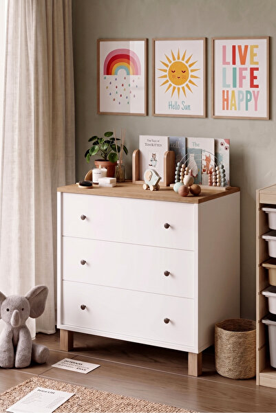 Robin Home Lena Bebek Çocuk Odası Şifonyer 3 Çekmece Ahşap Ayaklı Sepet-Beyaz