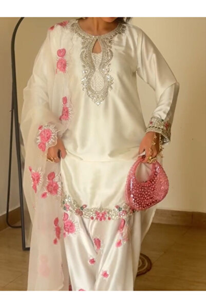 MYSMAR White Japan Satin Top Bottom & Dupatta - HRT7403-White-Size:L-40-Inches