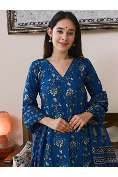 MYSMAR Blue Viscose Kameez Salwar & Dupatta - VRN1008-Blue-Size-L-40-Inches