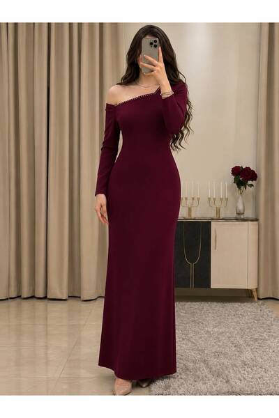 Angelinaa فستان سهرة طويل باللون العنابي الداكن (Burgundy)،