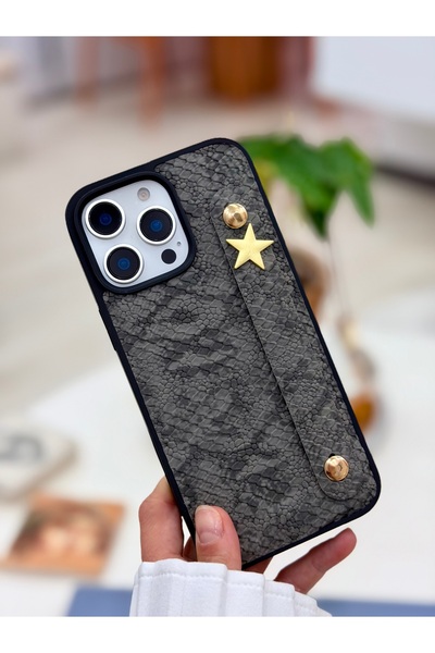 Go Aksesuar Iphone 14 PROMAX Uyumlu Tutacaklı Yıldız Tasarımlı Deri Görünümlü...