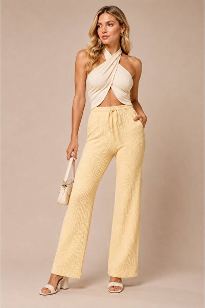 Moda Banuş Elastic waist pleated fabric trousers