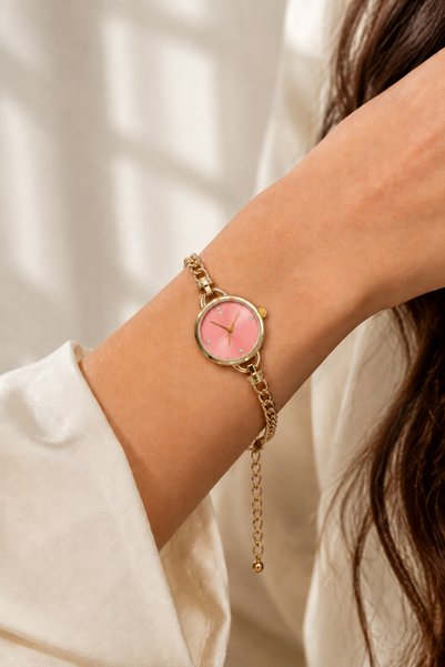 Reddington Women's Gold Color Chain Cord Pink Dial Minimal Stylish Wristwatch