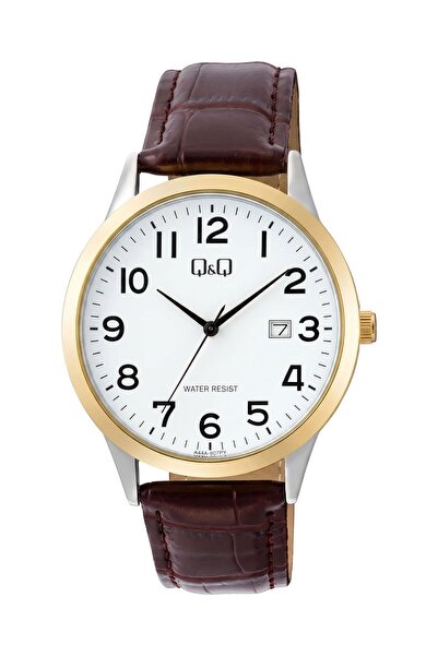Q&Q Beyaz Kadran Siyah Rakamlı Takvimli Su Geçirmez Kahverengi Deri Kordon Er...