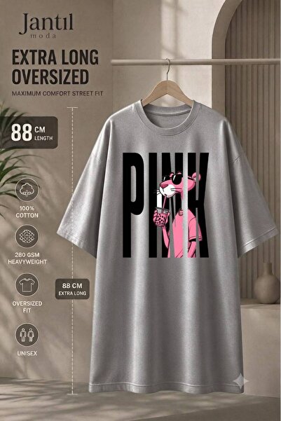 JANTIL MODA Crew Neck Pink Panther Written Extra Long Oversize Tunic T-Shirt ...