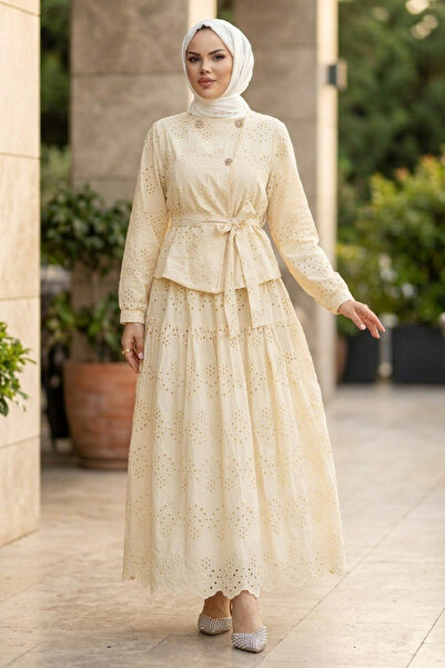 Neva Style Belted Peplum Brode Beige Hijab Suit 50031Bej