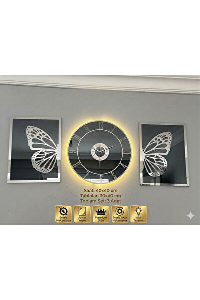 Ronson LED Işıklı Aynalı Kelebek Duvar Saati ve Tablo Seti 3'lü | Gümüş Çerçe...