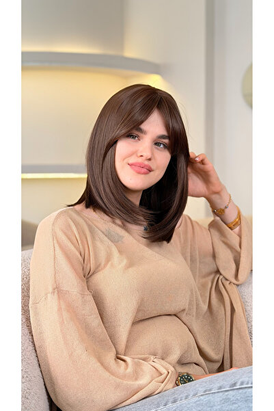 Fenomen Peruk Kısa Bob Kahverengi Perçemli ( Kahküllü) VIP Peruk Model