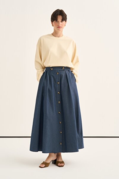 EBU Prive Women's Gabardine Buttoned Pleated Skirt Denim Blue