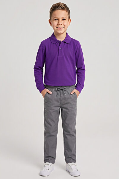 nacar çarşı Boys' Purple Long Sleeve Polo Collar T-Shirt Gray Ribbed Waist Ca...
