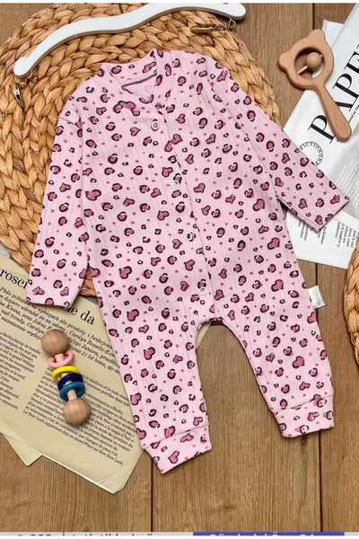 Eflin Çocuk Giyim Kız Bebek Leopar Kalp Desenli Çıtçıtlı Ayaksız Tulum