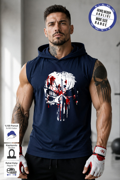 BESSA Navy Blue Punisher Printed Standard Fit Hooded Sports Athlete Cotton Fa...