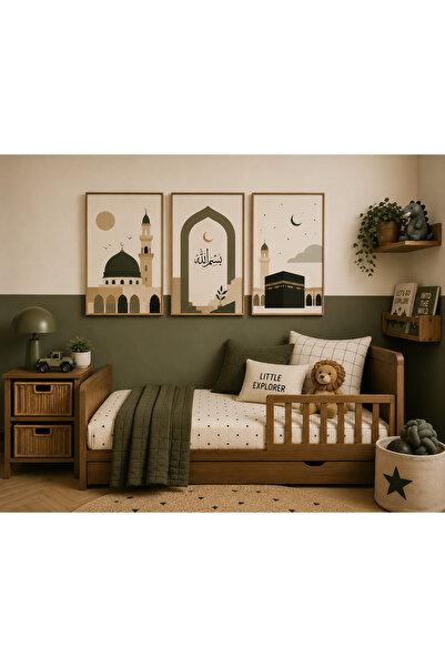 Zerawall 3 Parça MDF Tablo Seti Mescid-i Nebevi, Bismillah Yazısı ve Kâbe – İ...