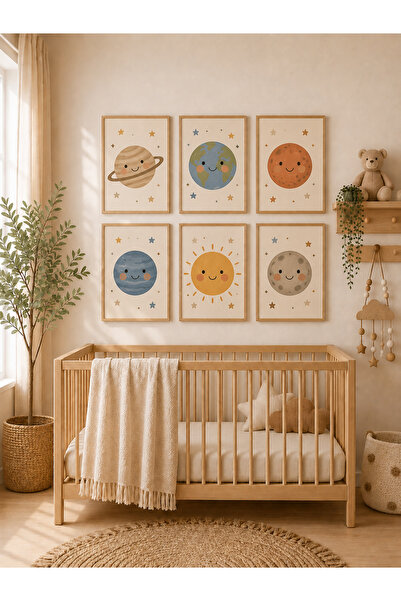 Zerawall 6 Parça MDF Tablo Seti Sevimli Gezegenler, Dünya, Satürn, Mars, Güne...
