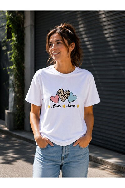 3S MODA Women's Basic 3 Heart Digital Printed T-Shirt