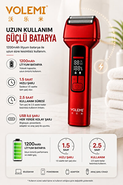 VOLEMİ V-0916 Profesyonel Çift Folyo Tıraş Makinesi LED Ekranlı IPX7 Su Geçirmez USB Şarjlı 3 Kademeli Hız Ayarlı