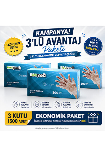 Neopack Kutulu Tek Kullanımlık Şeffaf Eldiven 3 Adet (Paket İçerisi-500 Adet)