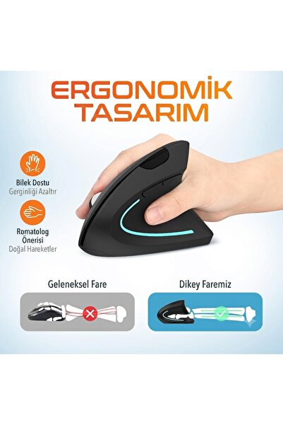2.4G Dikey Ergonomik Kablosuz Optik Mouse - 800/1200/1600 DPI - Siyah